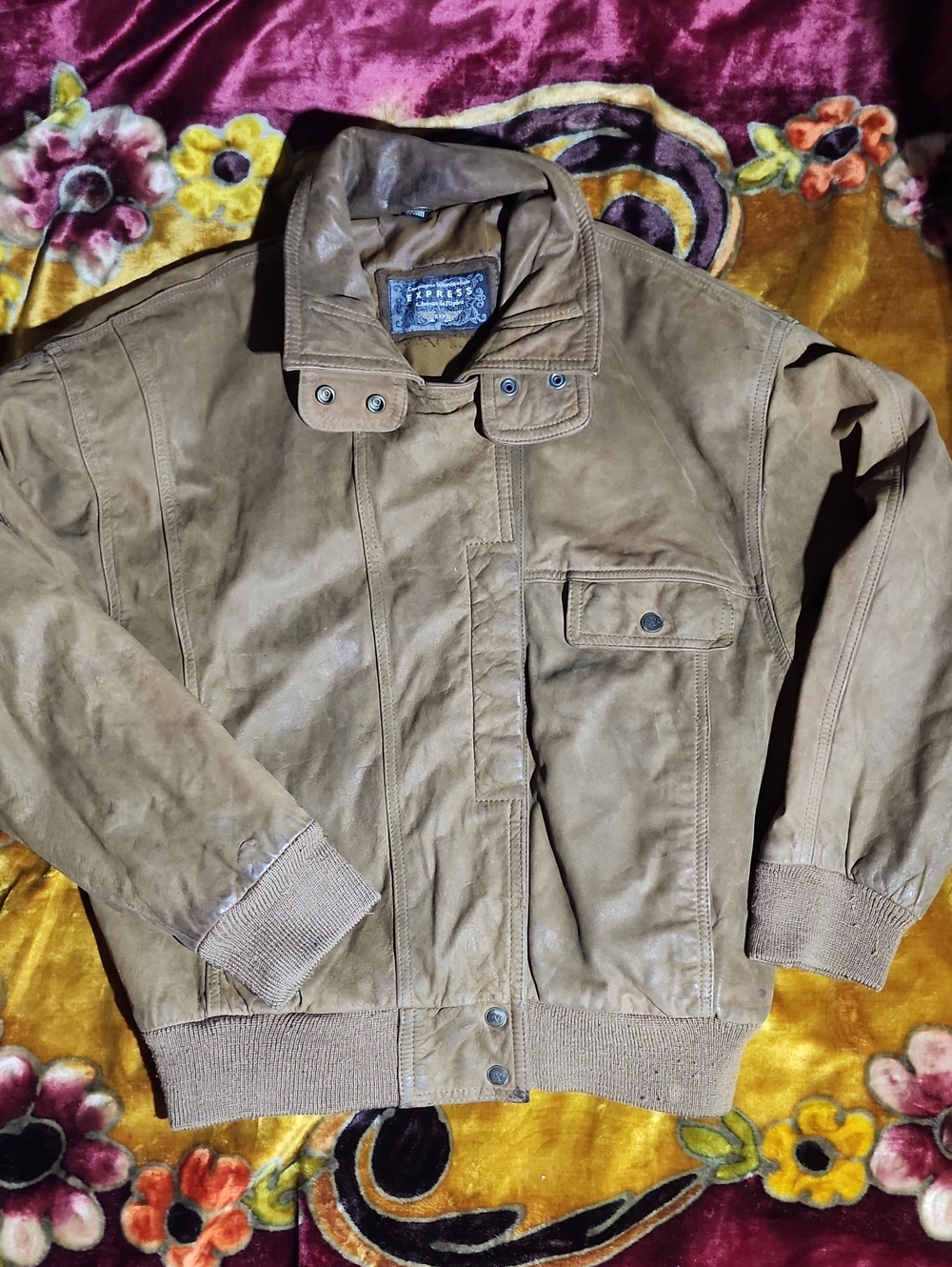 1990s Express Brown Leather Bomber Jacket
